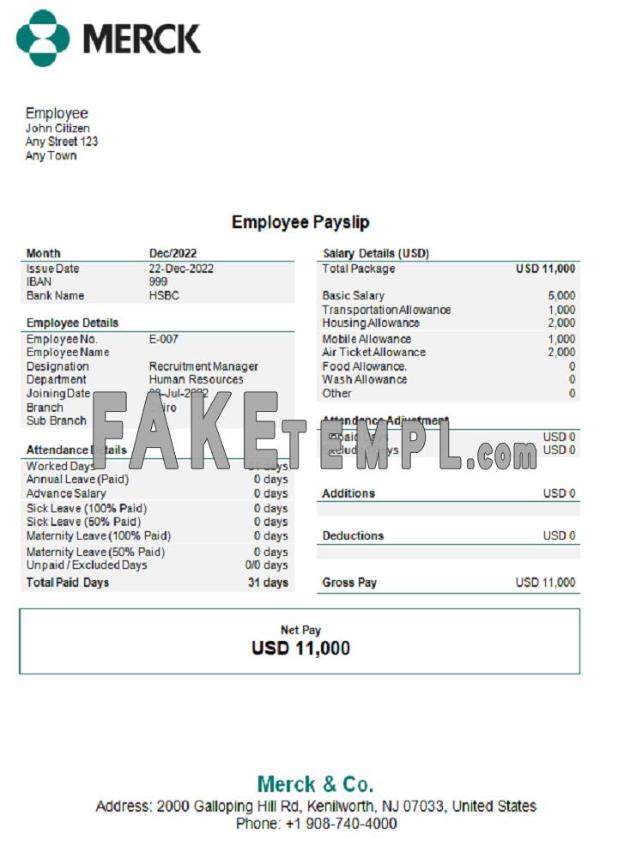 USA Merck & Co. pharmaceutical company fake Word and PDF template